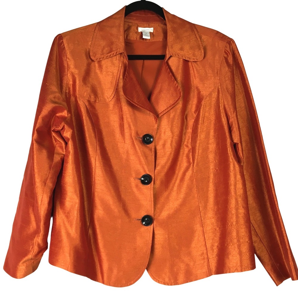 Chicos Orange‎ Dupioni Silk Look Slubbed Three Button Blazer Jacket Size 3